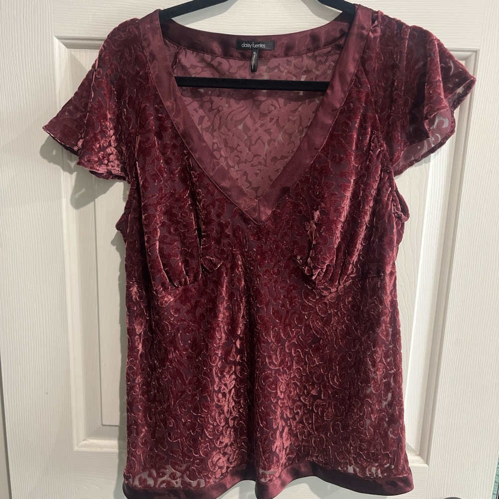 Velvet Burnout Y2K Babydoll Top Sheer Flutter Sleeve Whimsigoth Burgundy Fairy